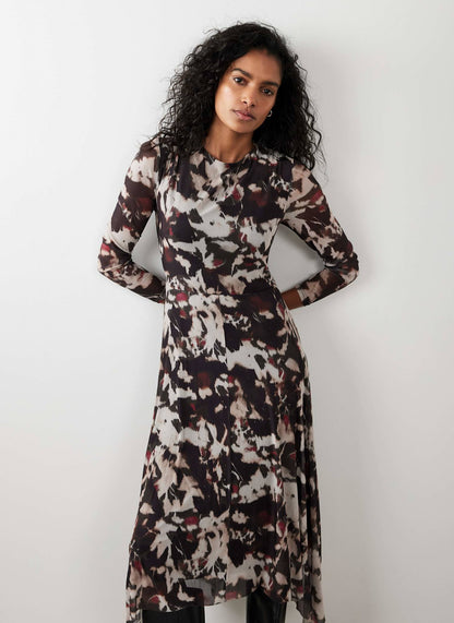 Burgundy Abstract Print Mesh Midi Dress