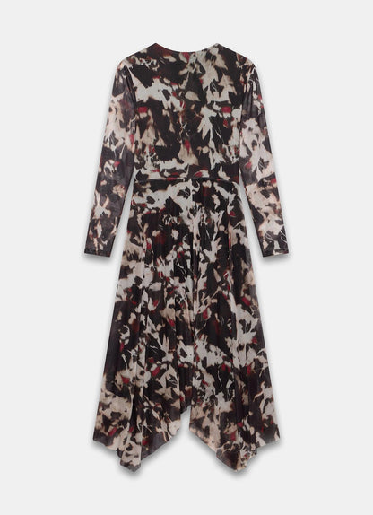 Burgundy Abstract Print Mesh Midi Dress