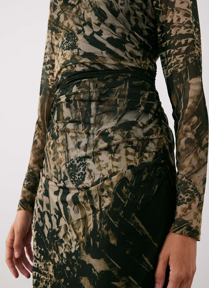 Black Feather Print Mesh Midi Dress