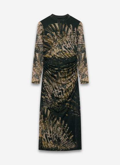 Black Feather Print Mesh Midi Dress