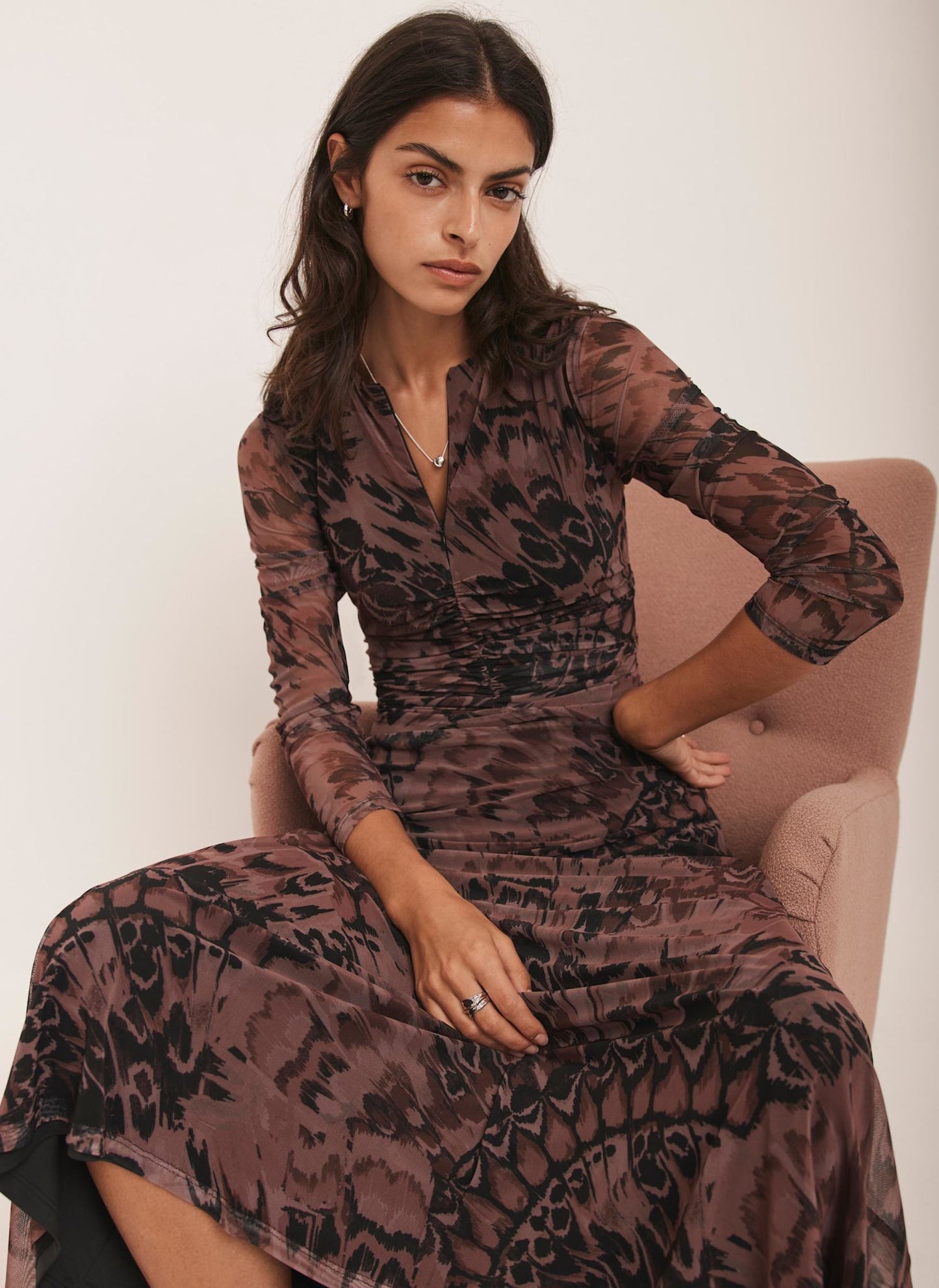 Burgundy Abstract Print Mesh Midi Dress
