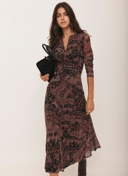 Burgundy Abstract Print Mesh Midi Dress