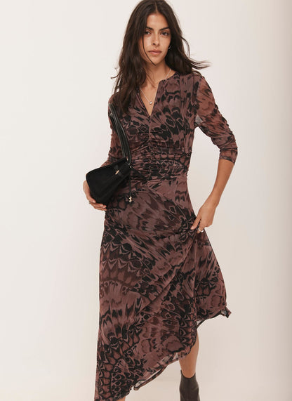 Burgundy Abstract Print Mesh Midi Dress