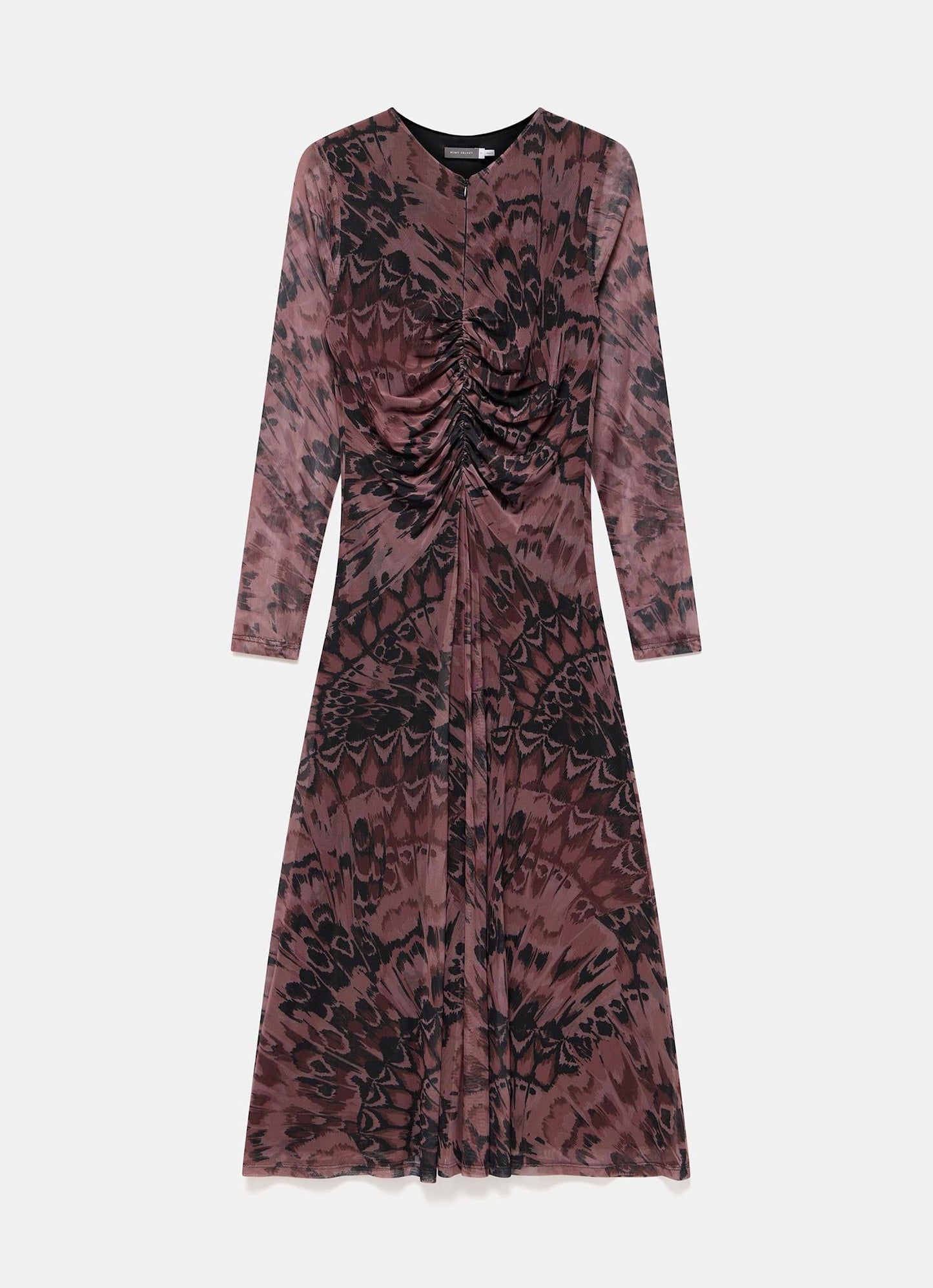 Burgundy Abstract Print Mesh Midi Dress