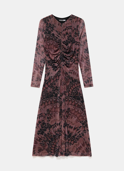 Burgundy Abstract Print Mesh Midi Dress