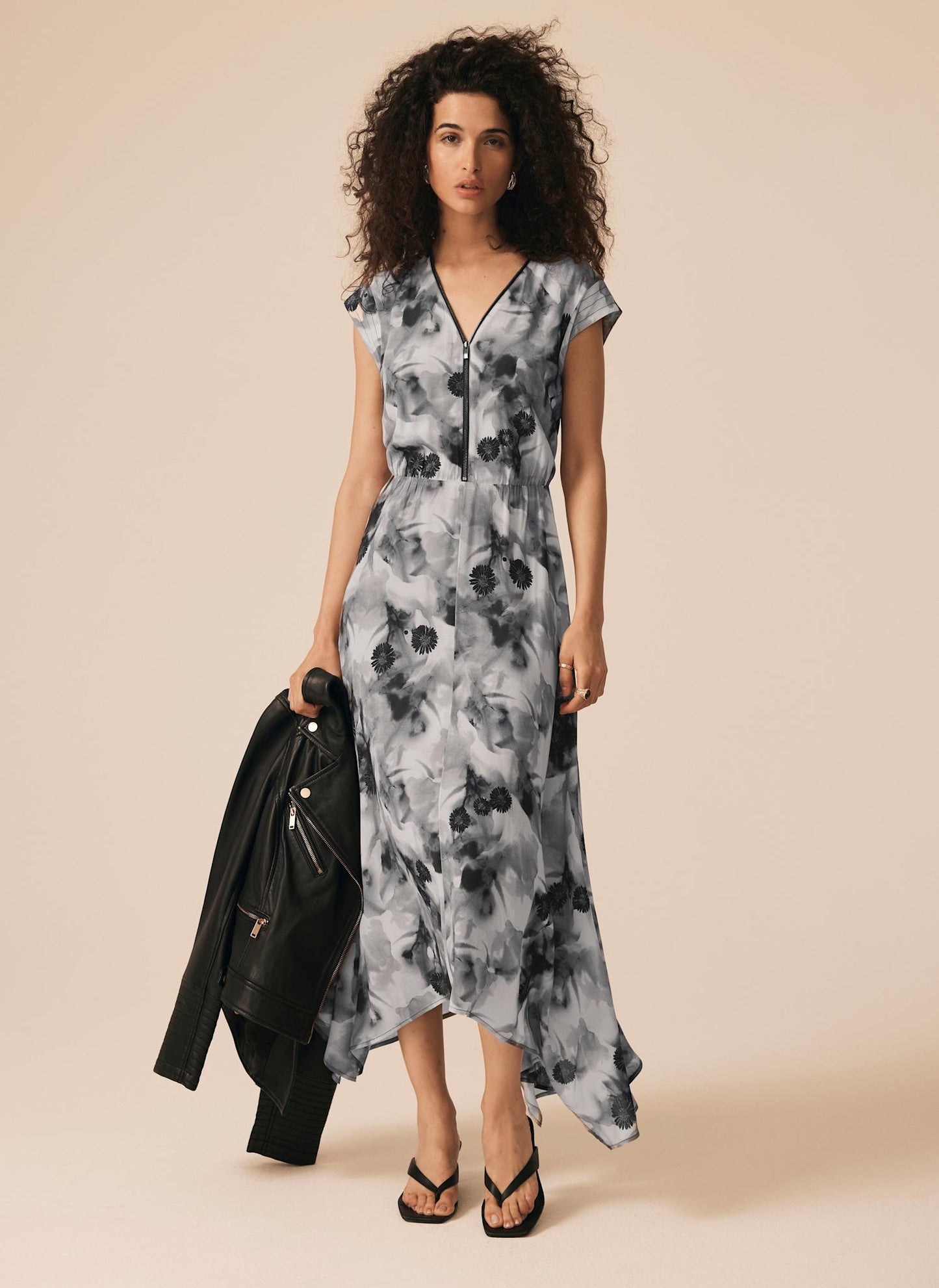 Grey Abstract Print Midi Dress