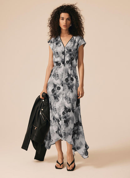 Grey Abstract Print Midi Dress