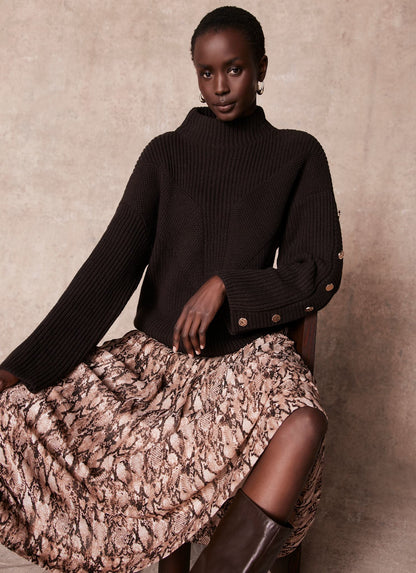 Brown Snake Print Midi Skirt