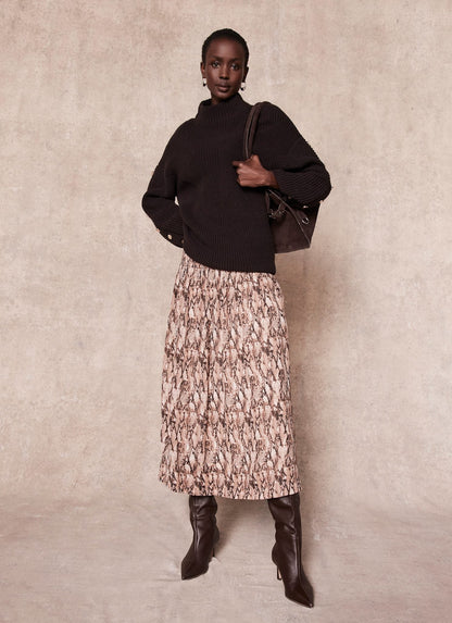 Brown Snake Print Midi Skirt