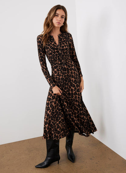 Leopard Print Ruched Midi Dress
