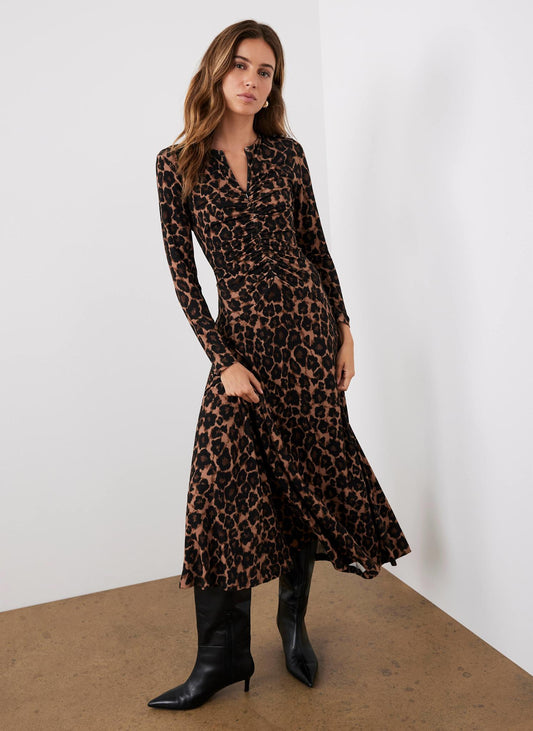 Leopard Print Ruched Midi Dress