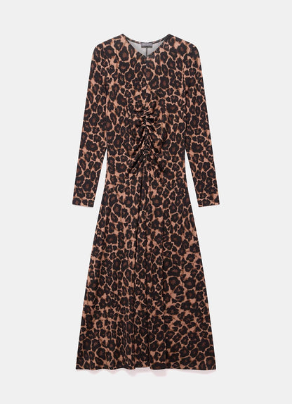 Leopard Print Ruched Midi Dress