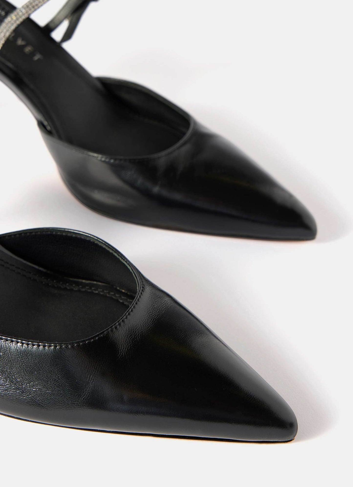 Kai Black Leather Diamante Trim Mid Heels