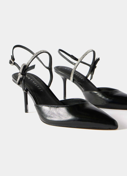 Kai Black Leather Diamante Trim Mid Heels
