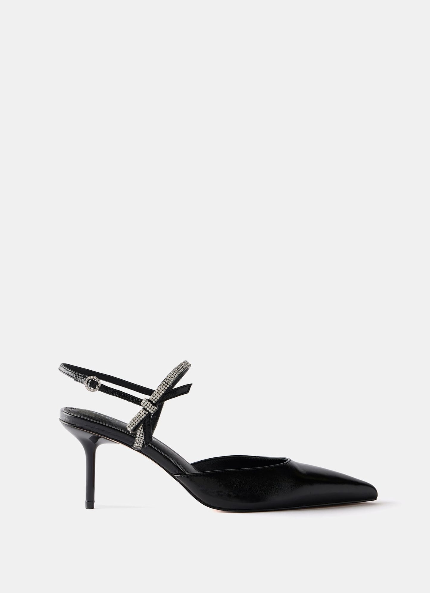 Kai Black Leather Diamante Trim Mid Heels