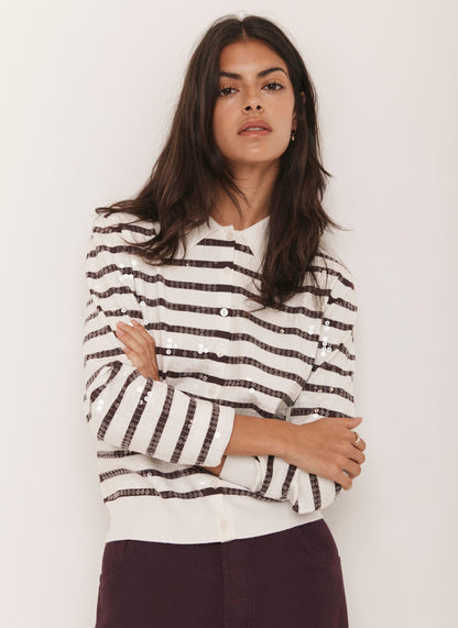 Burgundy Stripe Sequin Collar Cardigan