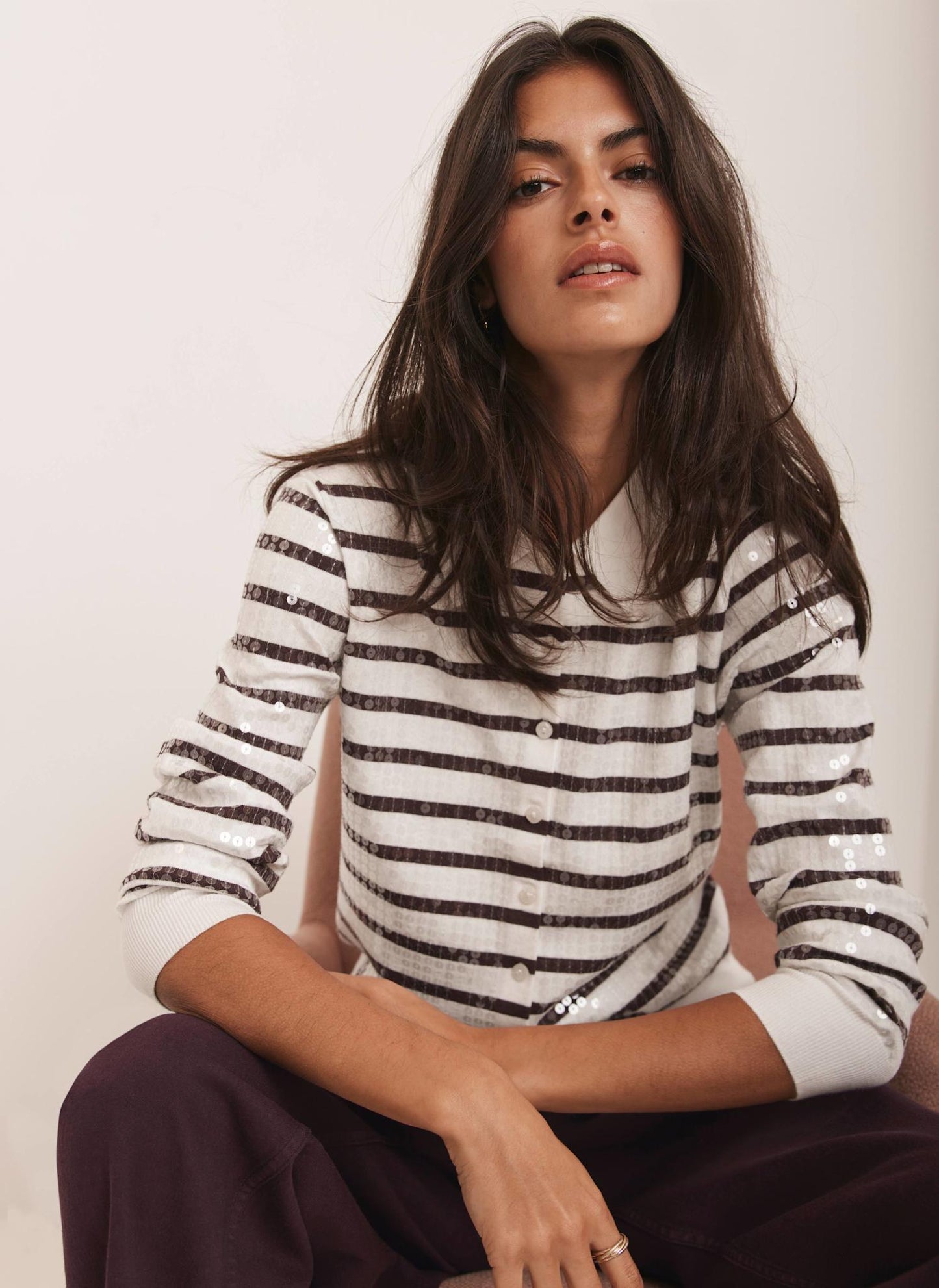 Burgundy Stripe Sequin Collar Cardigan