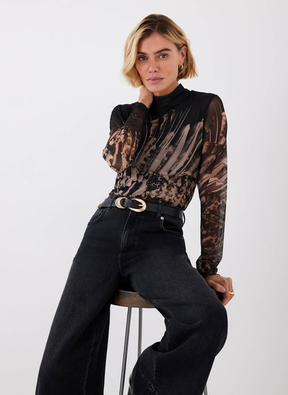Black Feather Print Mesh Top