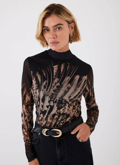 Black Feather Print Mesh Top