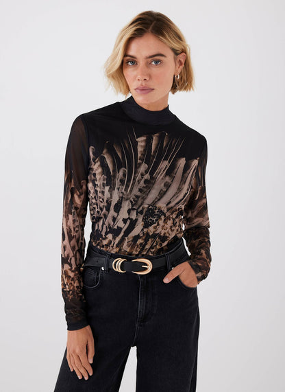 Black Feather Print Mesh Top