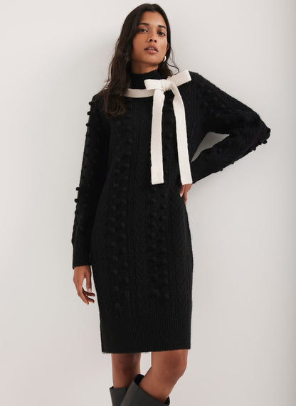 Black Bow Detail Cable Knit Mini Dress