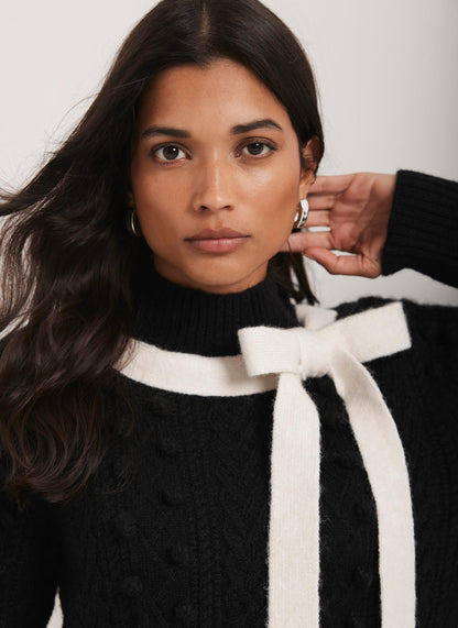 Black Bow Detail Cable Knit Mini Dress