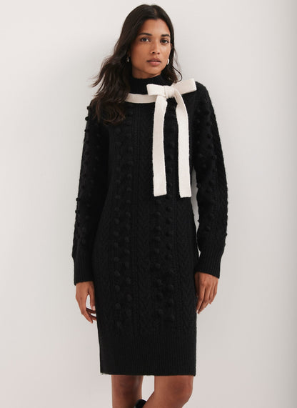 Black Bow Detail Cable Knit Mini Dress