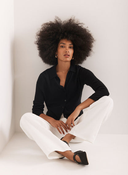 Black Cotton Blend Button Collar Cardigan