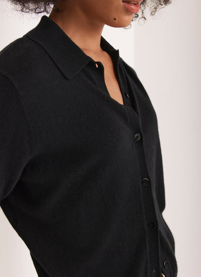 Black Cotton Blend Button Collar Cardigan