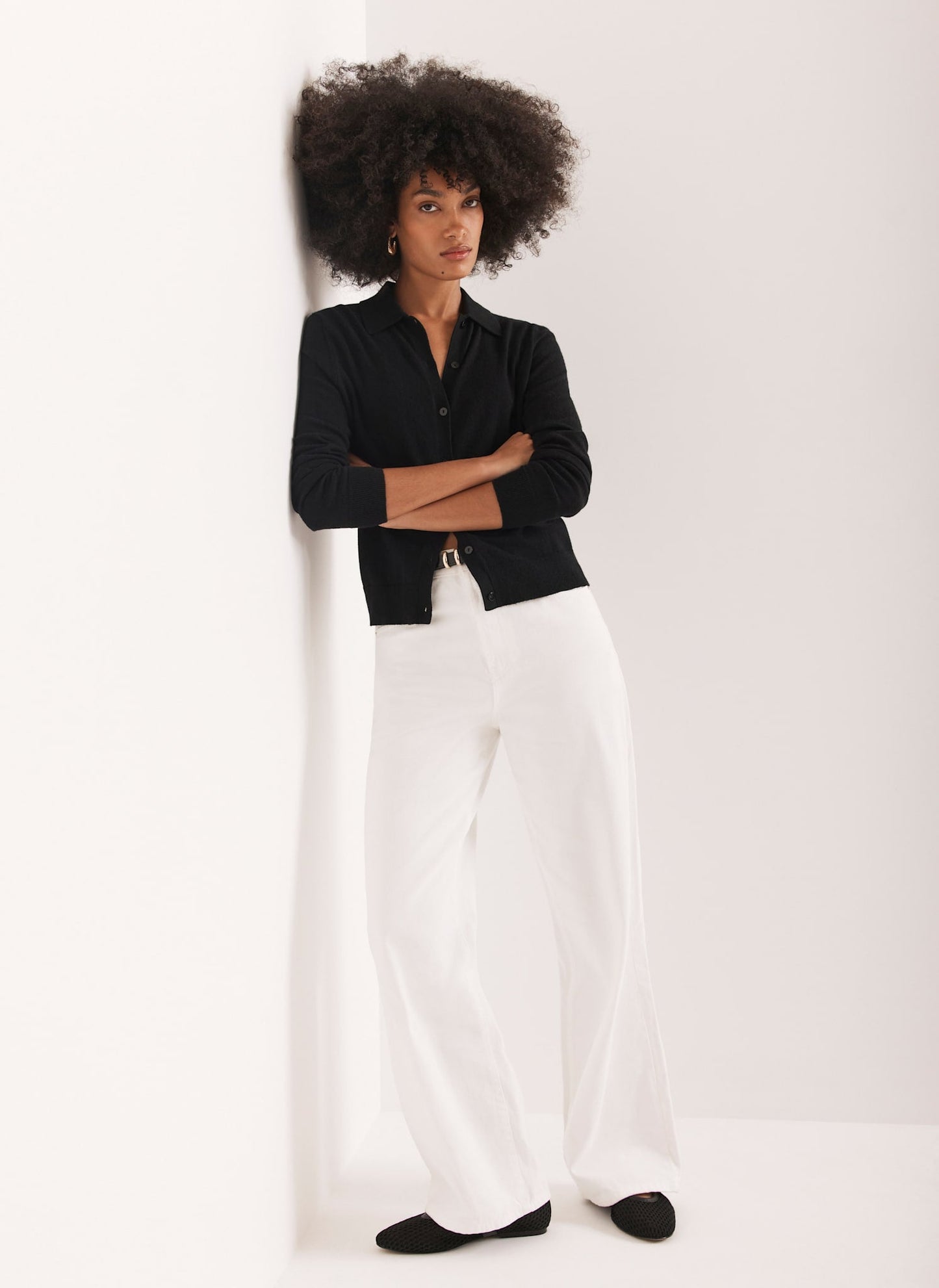 Black Cotton Blend Button Collar Cardigan