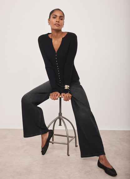 Black Button Detail Ribbed Top