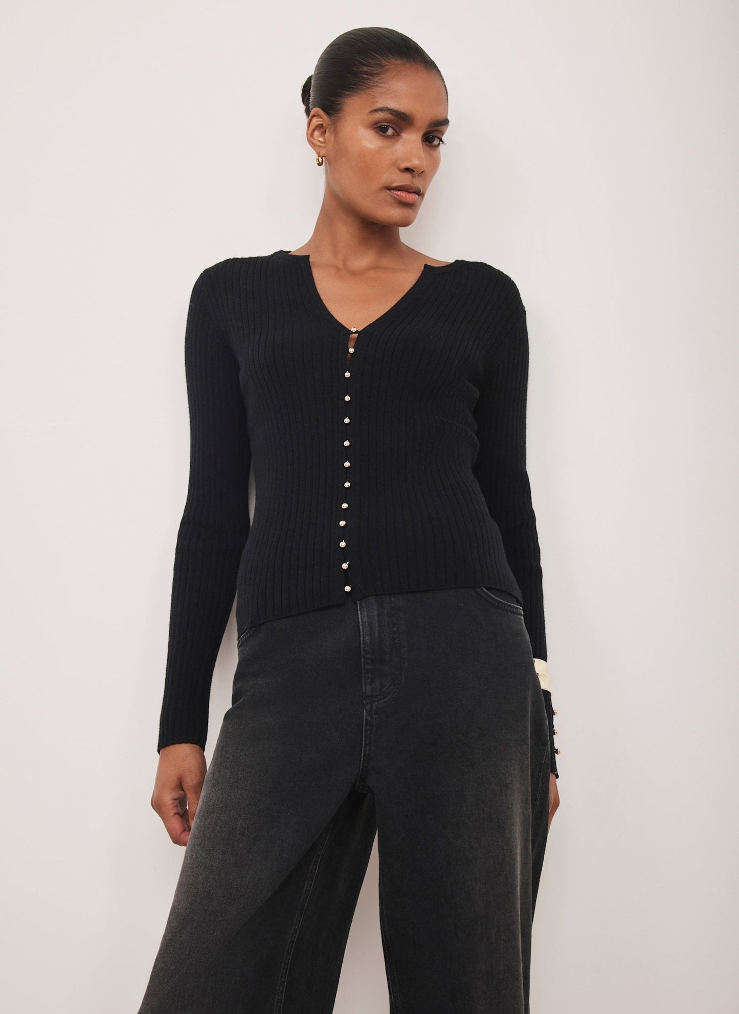 Black Button Detail Ribbed Top