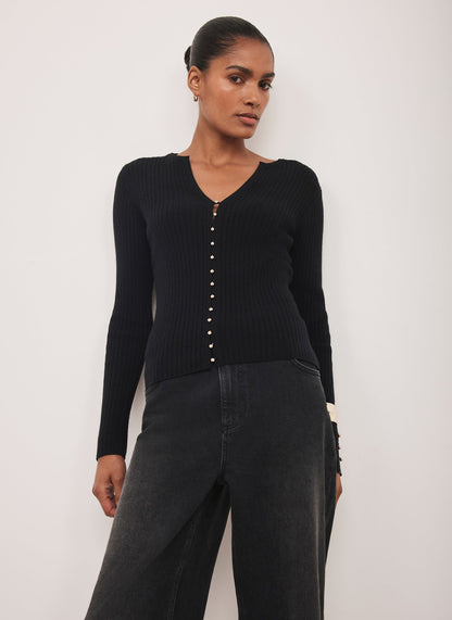 Black Button Detail Ribbed Top