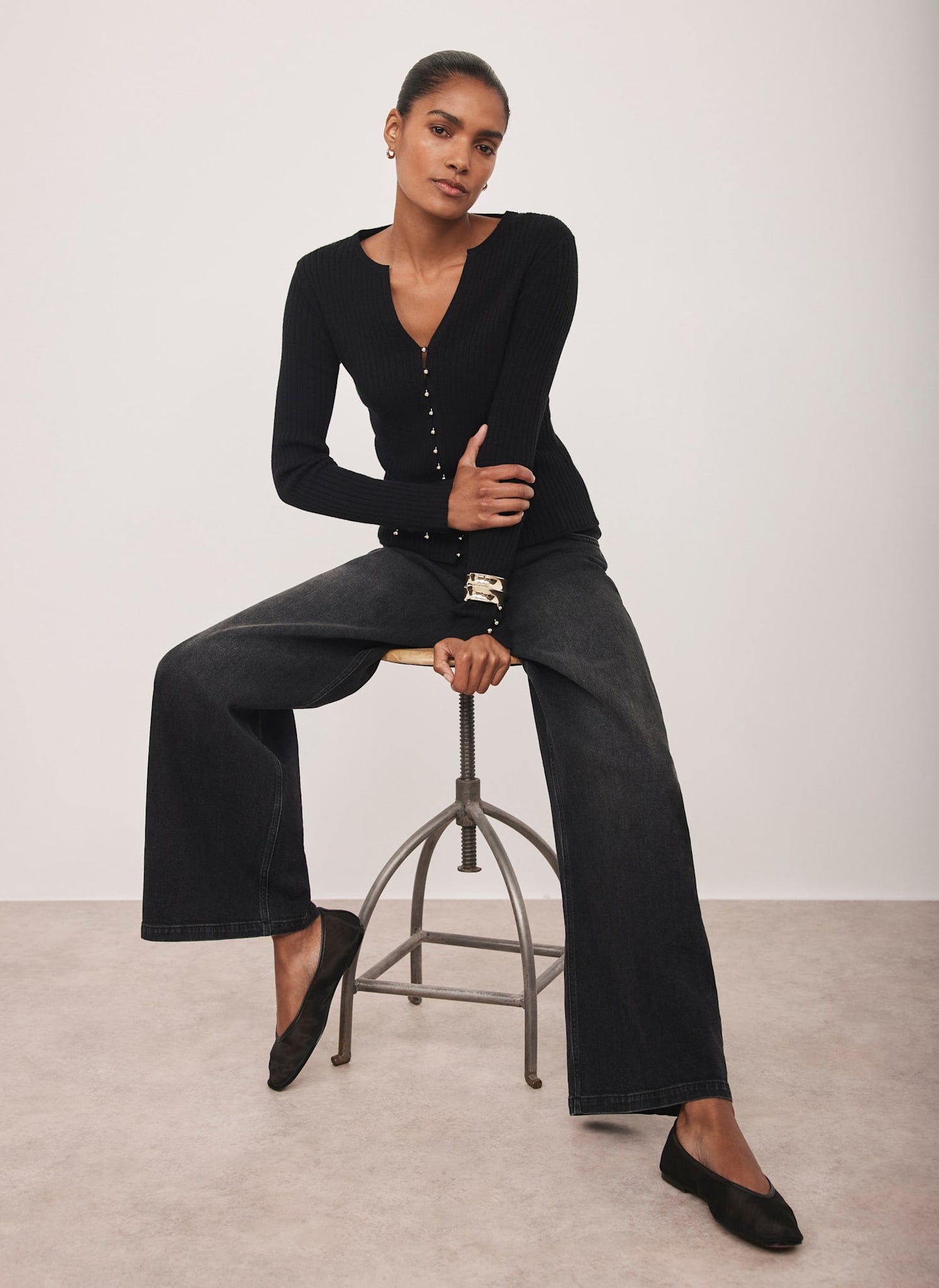 Black Button Detail Ribbed Top