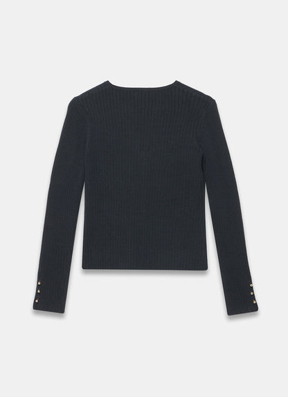 Black Button Detail Ribbed Top