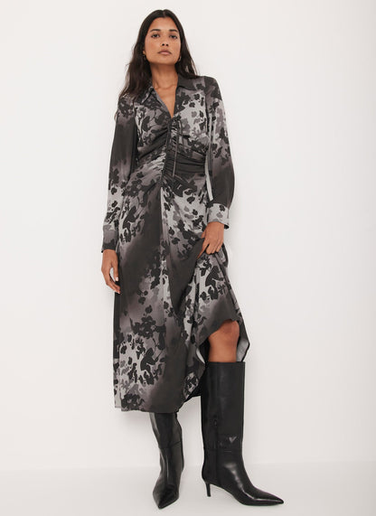 Black Floral Print Midi Dress