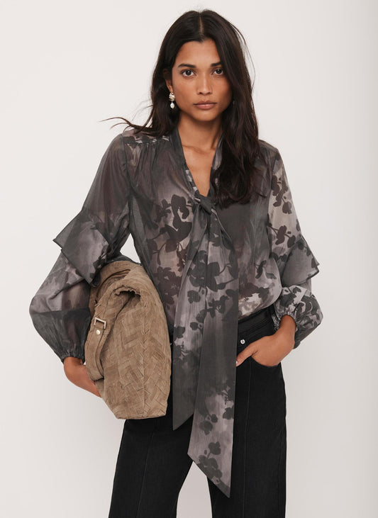 Black Floral Tie Neck Blouse