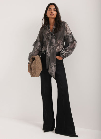 Black Floral Tie Neck Blouse