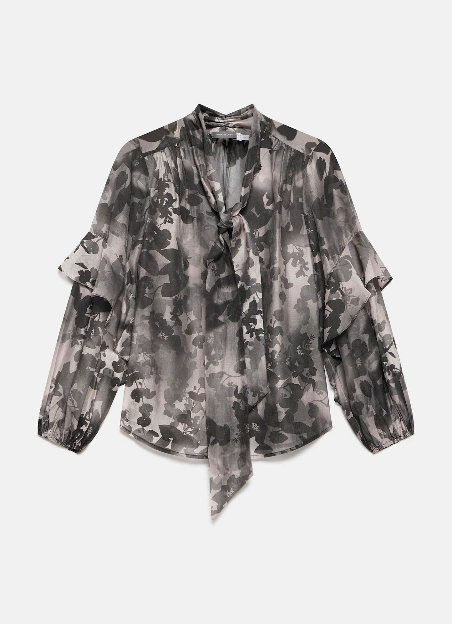 Black Floral Tie Neck Blouse