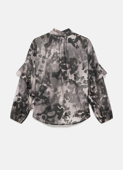 Black Floral Tie Neck Blouse