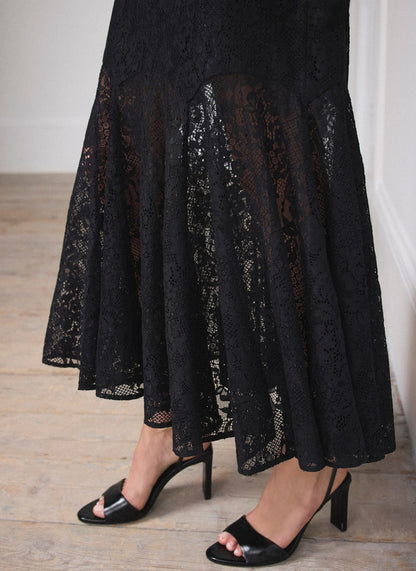 Black Lace Fluted Sheer Skirt