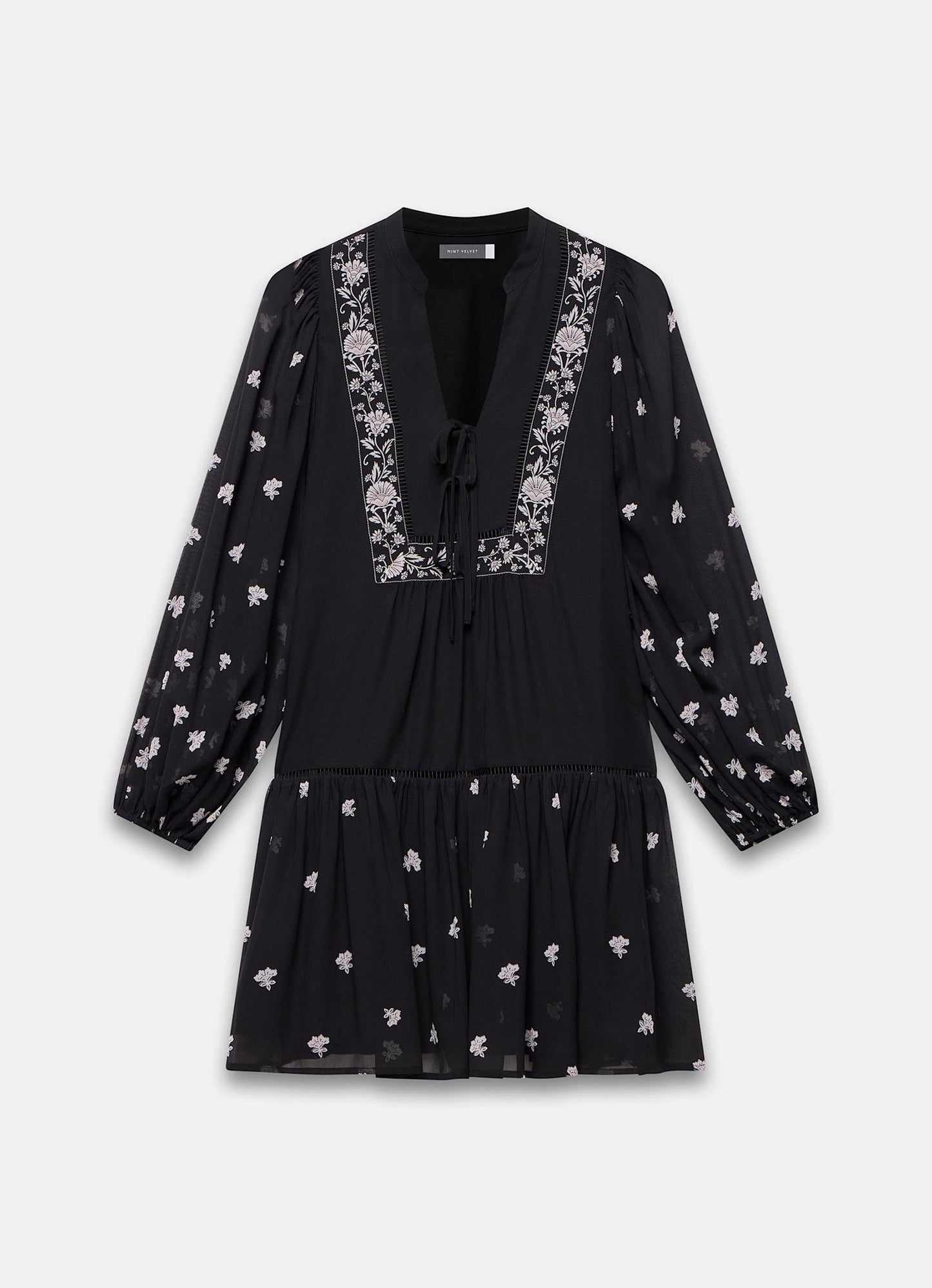 Black Floral Print Boho Mini Dress