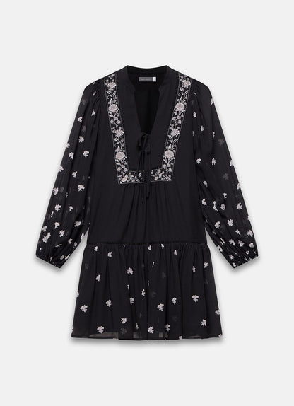 Black Floral Print Boho Mini Dress