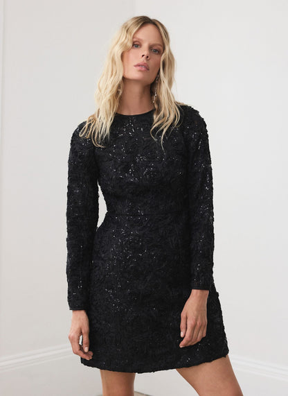 Black Sequin Applique Mini Dress