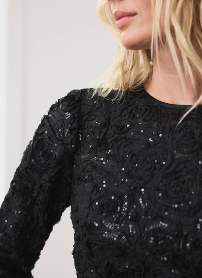 Black Sequin Applique Mini Dress