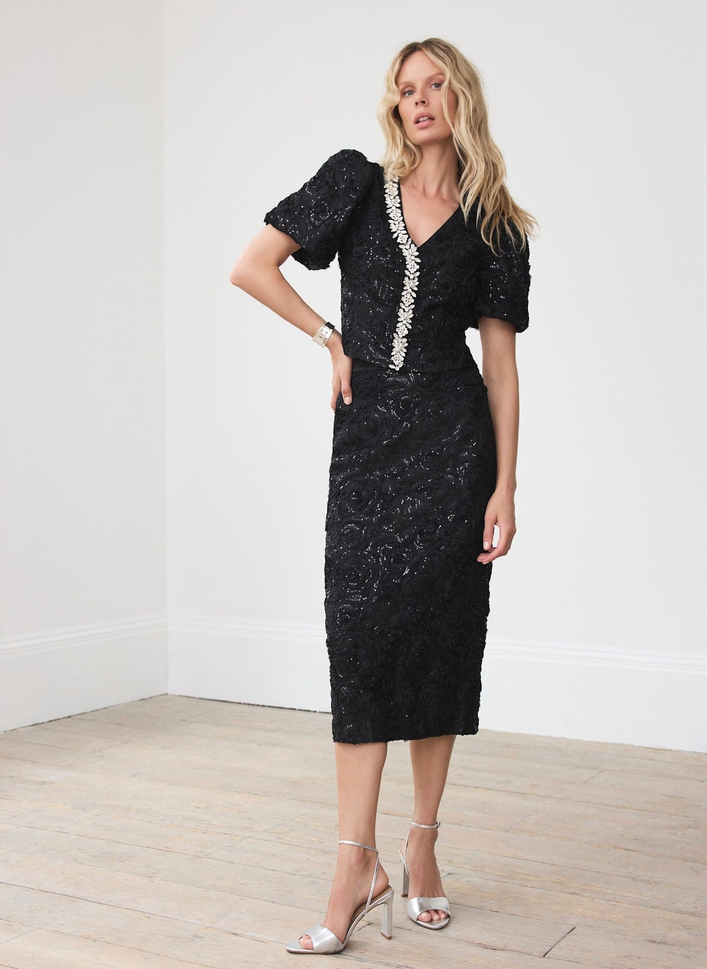 Black Sequin Midi Skirt