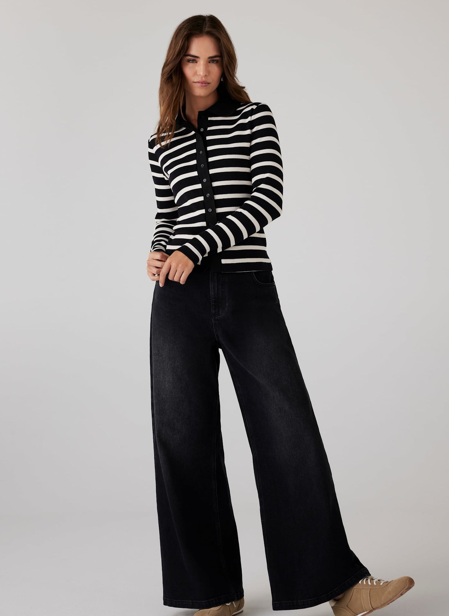 Black Cotton Striped Polo Collar Top