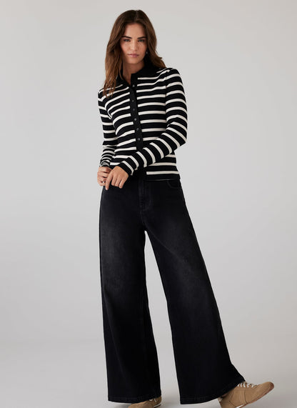 Black Cotton Striped Polo Collar Top