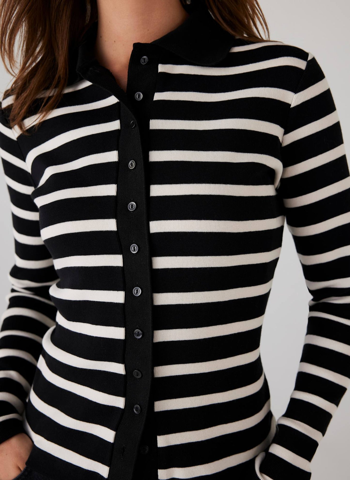 Black Cotton Striped Polo Collar Top