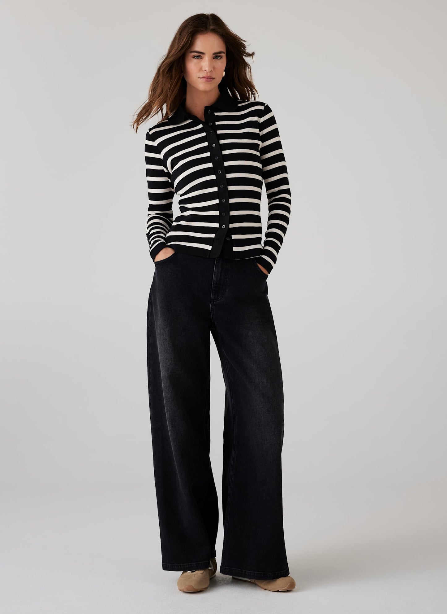 Black Cotton Striped Polo Collar Top
